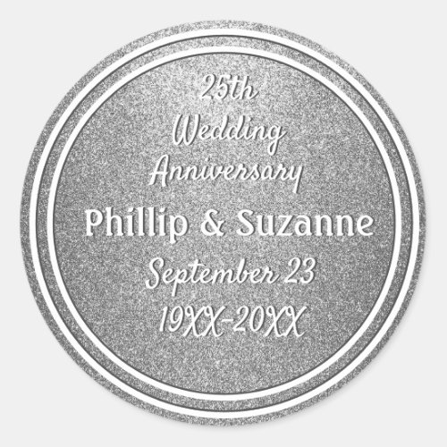 Silver Glitter 25th Wedding Anniversary Custom Classic Round Sticker