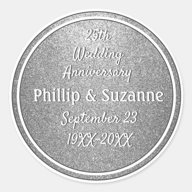 Silver Glitter 25th Wedding Anniversary Custom Classic Round Sticker (Front)