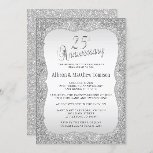Silver Glitter 25th Wedding Anniversary  DIY Text Invitation