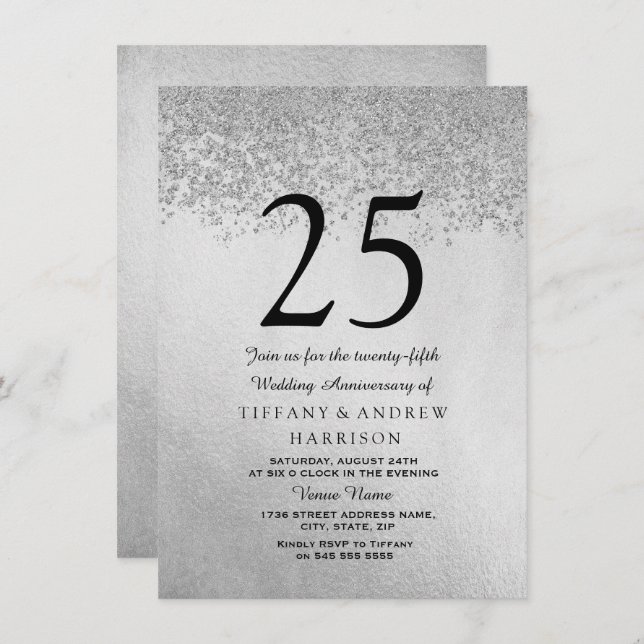 Silver Glitter 25th Wedding Anniversary Invitation (Front/Back)