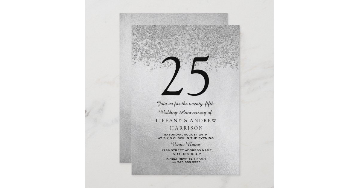 Silver Glitter 25th Wedding Anniversary Invitation | Zazzle