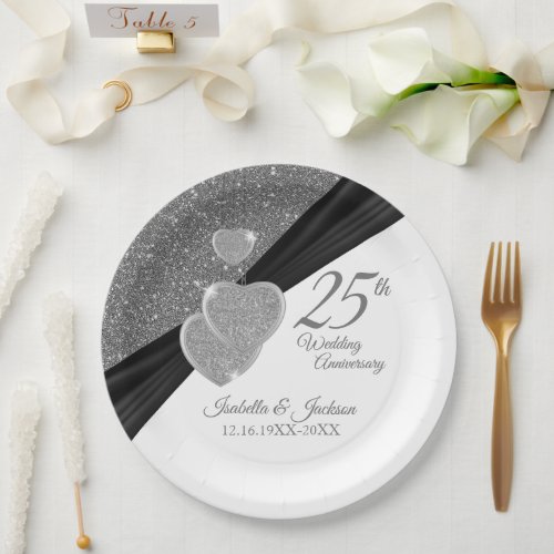 Silver Glitter 25th Wedding Anniversary Paper Plates