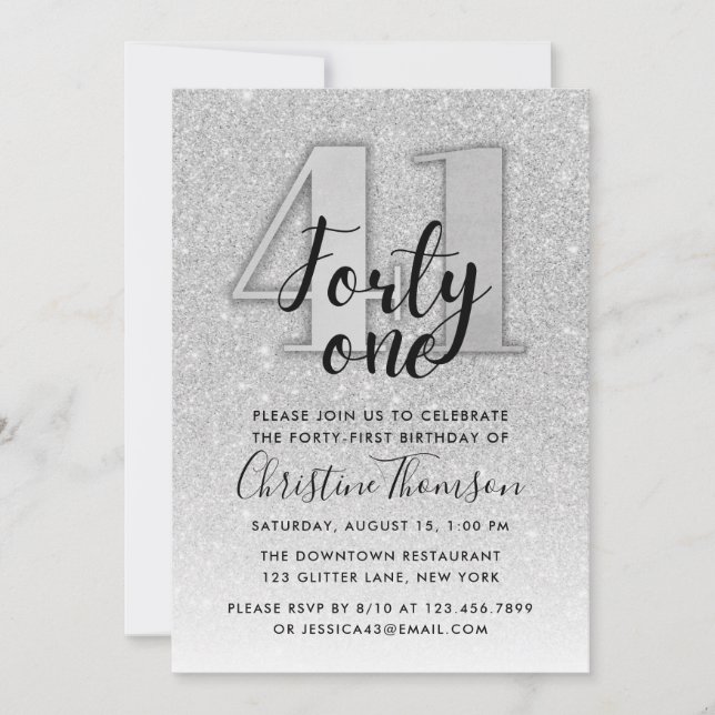 Silver Glitter 41st Birthday Invitation (Front)