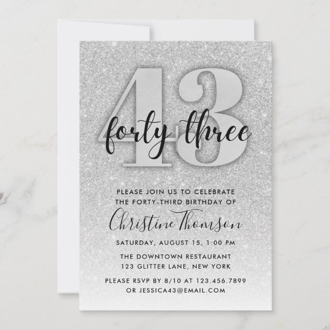 Silver Glitter 43rd Birthday Invitation (Front)