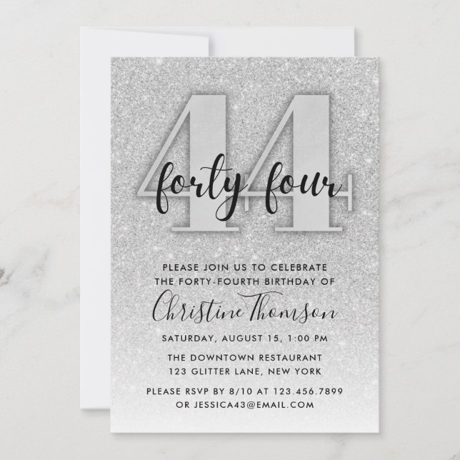 Silver Glitter 44th Birthday Invitation (Front)