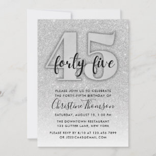 Silver Glitter 45th Birthday Invitation