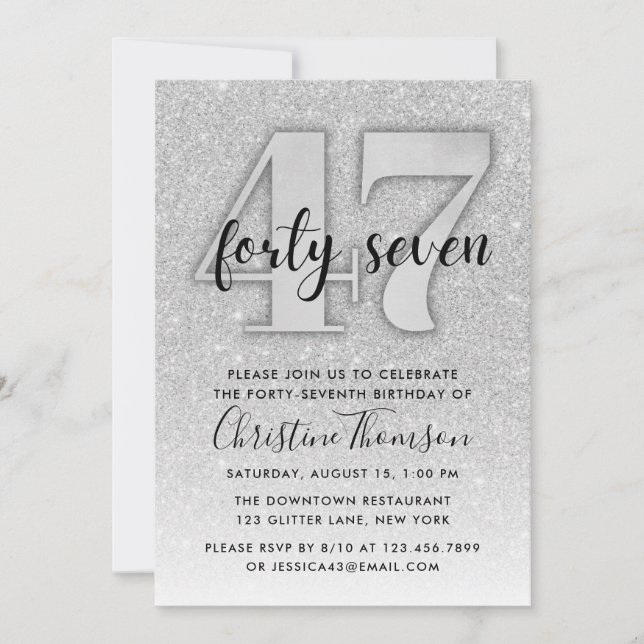 Silver Glitter 47th Birthday Invitation (Front)