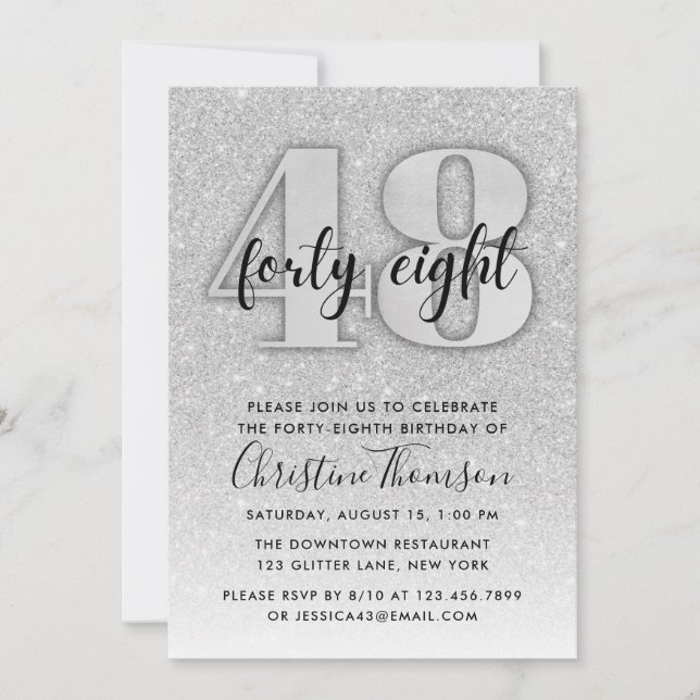 Silver Glitter 48th Birthday Invitation (Front)