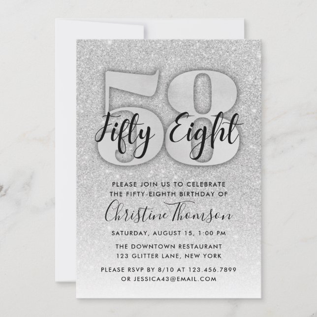 Silver Glitter 58th Birthday Invitation (Front)