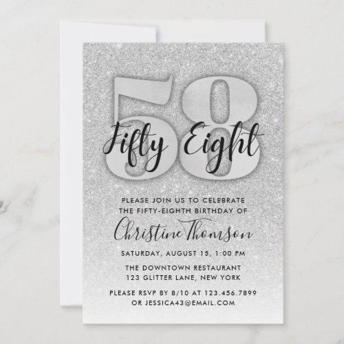 Silver Glitter 58th Birthday Invitation