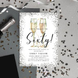 Silver Glitter 60th Birthday Party Invitation<br><div class="desc">This is an elegant and chic 60th Birthday Party invitation featuring a silvery glitter border, a pair of watercolor champagne glasses and a modern script font. This would be perfect for anyone looking to celebrate their special milestone birthday in style. Easily update the party details on the card using the...</div>