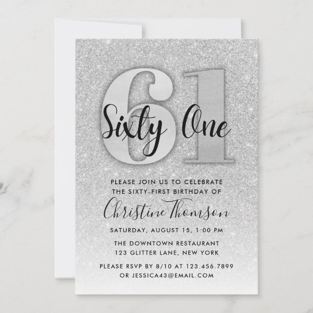 Silver Glitter 61st Birthday Invitation (Front)