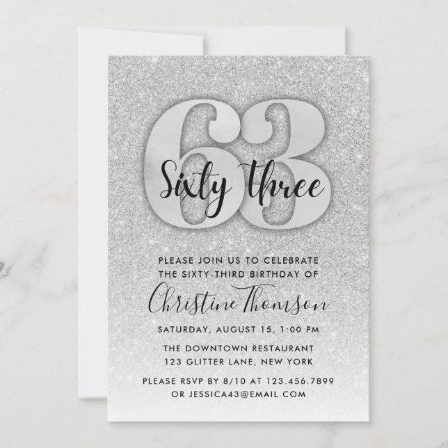 Silver Glitter 63rd Birthday Invitation (Front)