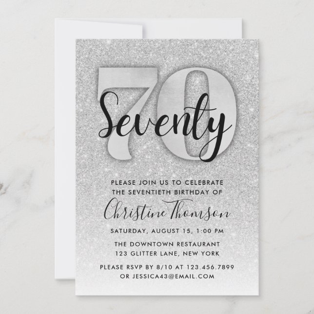 Silver Glitter 70th Birthday Invitation (Front)