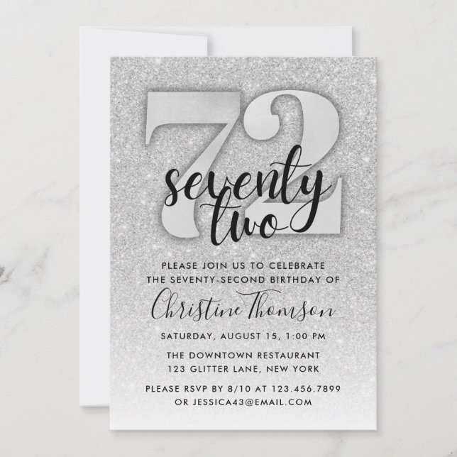 Silver Glitter 72nd Birthday Invitation (Front)