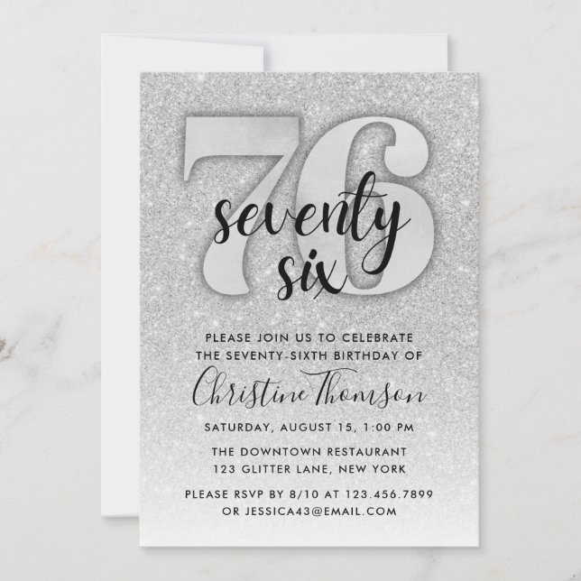 Silver Glitter 76th Birthday Invitation (Front)