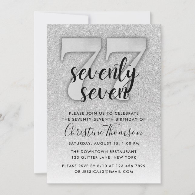 Silver Glitter 77th Birthday Invitation (Front)