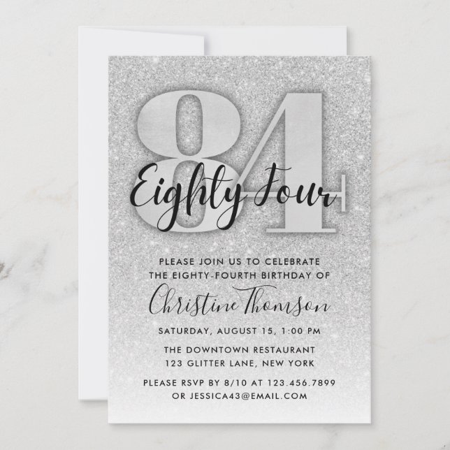 Silver Glitter 84th Birthday Invitation (Front)