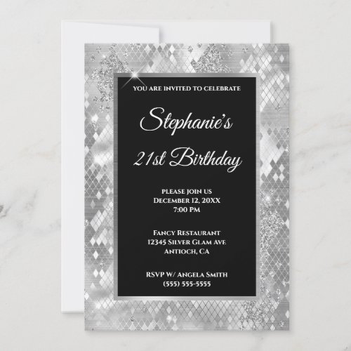 Silver Glitter Abstract Snake Glam Birthday Invitation