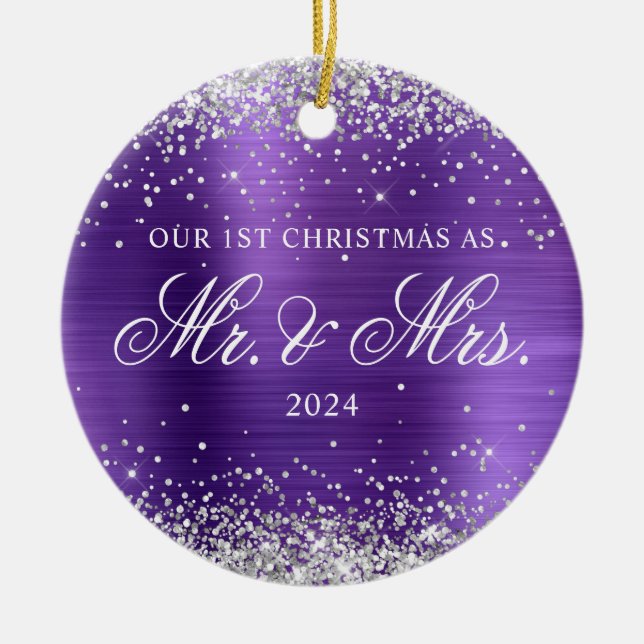 Silver Glitter Amethyst Foil 1st Christmas Photo Ceramic Ornament (Front)