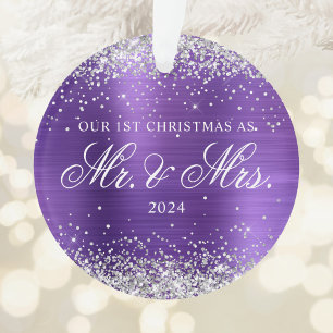Silver Glitter Amethyst Foil 1st Christmas Photo Ornament