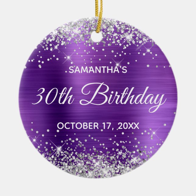 Silver Glitter Amethyst Foil 30th Birthday Ceramic Ornament (Front)