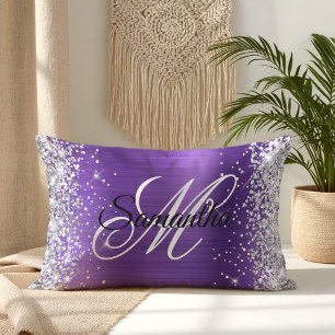 Silver Glitter Amethyst Foil Fancy Monogram Lumbar Pillow
