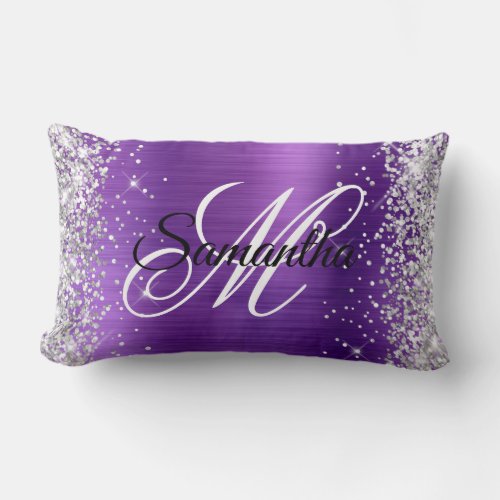 Silver Glitter Amethyst Foil Fancy Monogram Lumbar Pillow