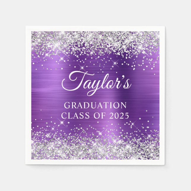 Silver Glitter Amethyst Foil Graduation Napkins (Front)
