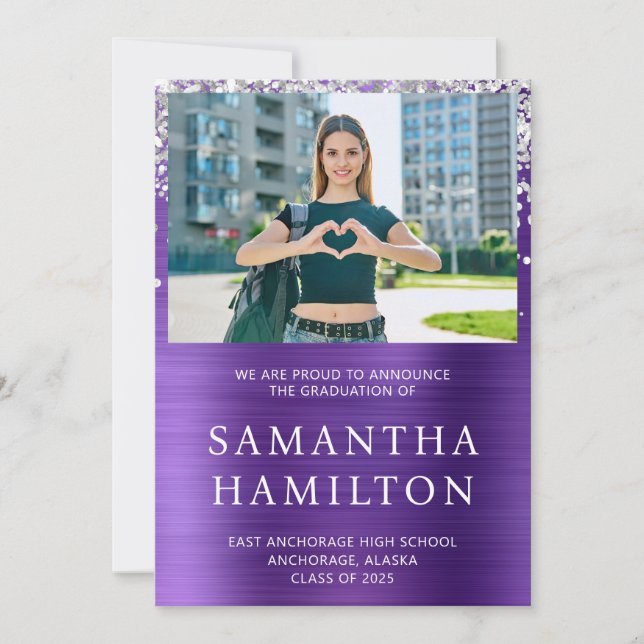 Silver Glitter Amethyst Foil Photo Graduation Announcement (Front)