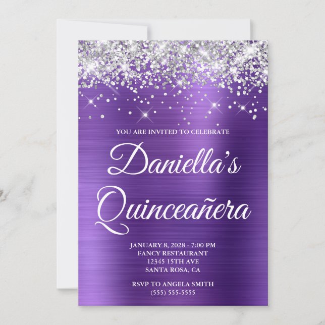 Silver Glitter Amethyst Foil Quinceañera Invitation (Front)