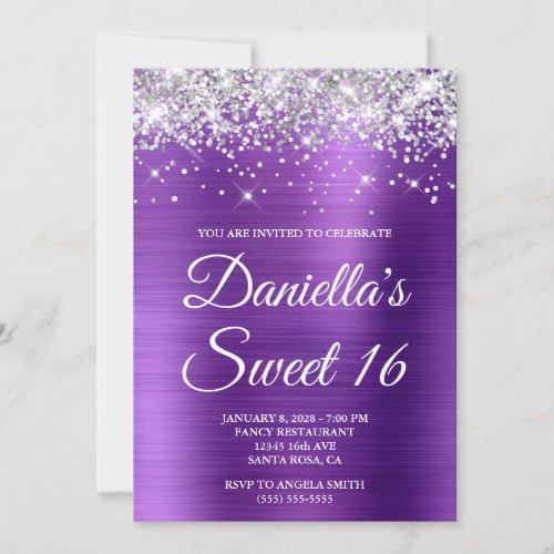 Silver Glitter Amethyst Foil Sweet 16 Invitation