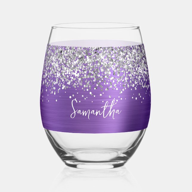 Silver Glitter Amethyst Glam Name Stemless Wine Glass (Front)