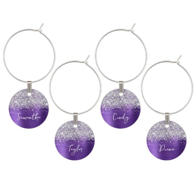 Silver Glitter Amethyst Purple Glam Name Wine Charm (Staggered)