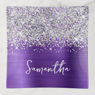 Silver Glitter and Amethyst Glam Name Trinket Tray