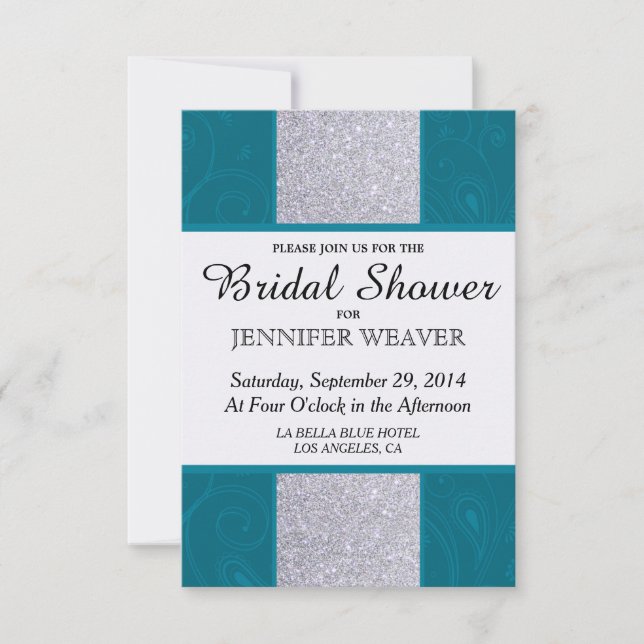 Silver Glitter and Aqua Teal with Swirly Design Invitation (Front)