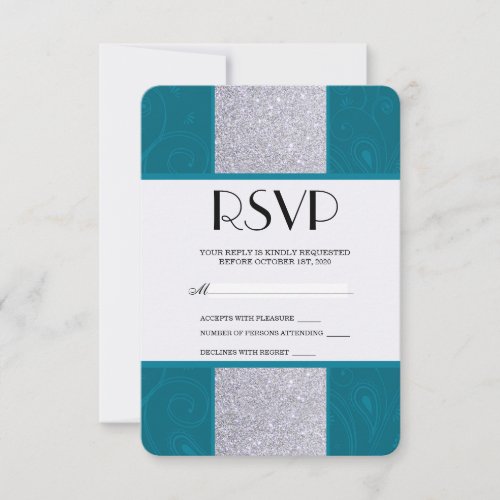 Silver Glitter and Aqua Teal with Swirly Design RSVP Card