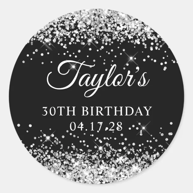 Silver Glitter and Black 30th Birthday Classic Round Sticker | Zazzle