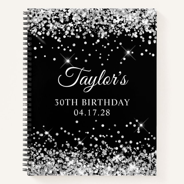 Silver Glitter and Black 30th Birthday Notebook (Front)