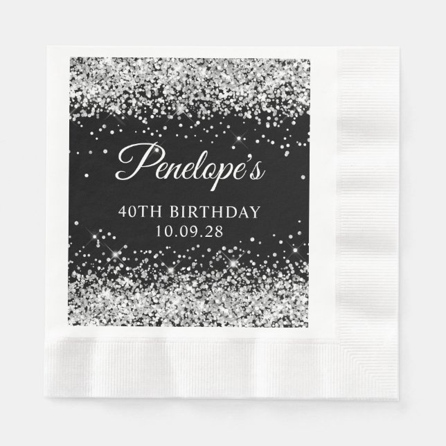 Silver Glitter and Black 40th Birthday Napkins (Front)