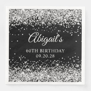 Silver Glitter and Black 60th Birthday Paper Dinner Napkins