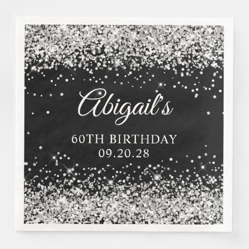 Silver Glitter and Black 60th Birthday Paper Dinner Napkins