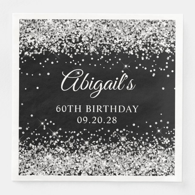Silver Glitter and Black 60th Birthday Paper Dinner Napkins (Front)