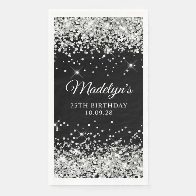 Silver Glitter and Black 75th Birthday Paper Guest Towels (Front)