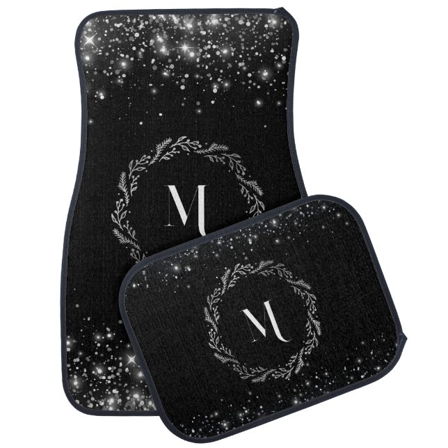 Silver Glitter And Black Elegant Monogrammed  Car Floor Mat (Set)