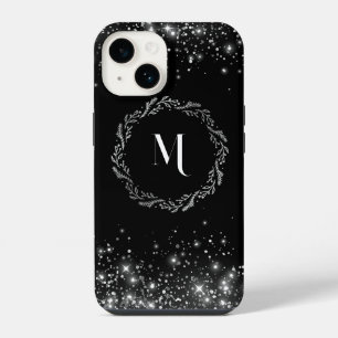 Silver Glitter And Black Elegant Monogrammed iPhone 14 Case