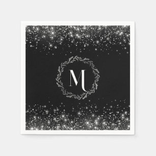 Silver Glitter And Black Elegant Monogrammed Napkins