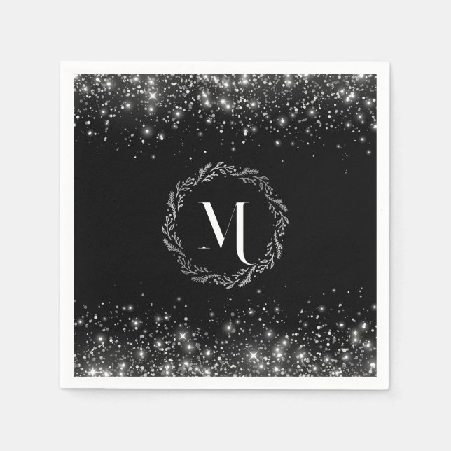 Silver Glitter And Black Elegant Monogrammed  Napkins (Front)