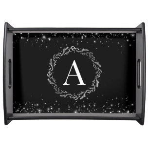Silver Glitter And Black Elegant Monogrammed  Serving Tray