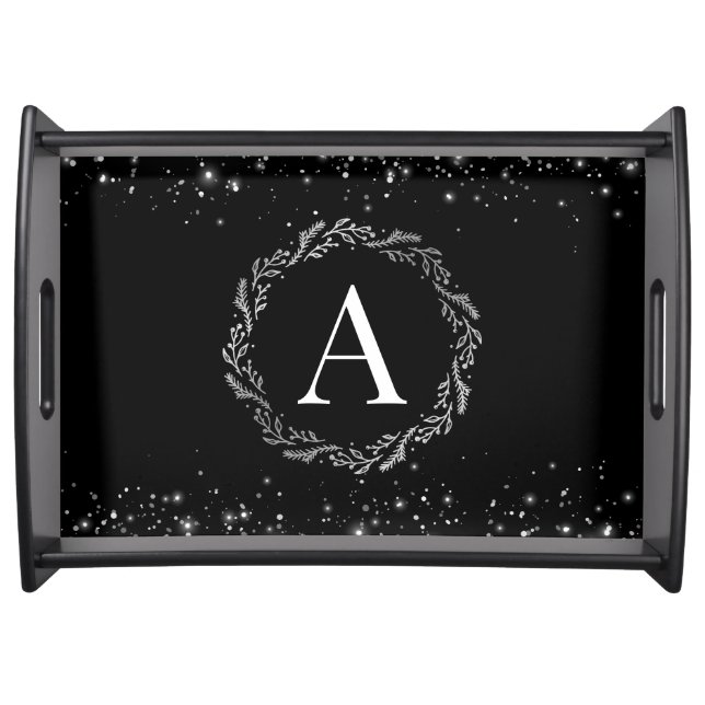 Silver Glitter And Black Elegant Monogrammed  Serving Tray (Front)